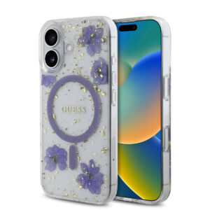 GUESS iPhone 16 hoesje - Magsafe - Resin Flowers Design - Paars - productfoto
