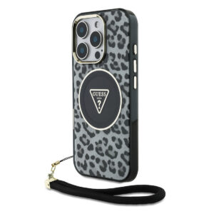 GUESS iPhone 16 Pro hoesje - Magsafe - Leopard print with Nylon strap - Zwart - productfoto
