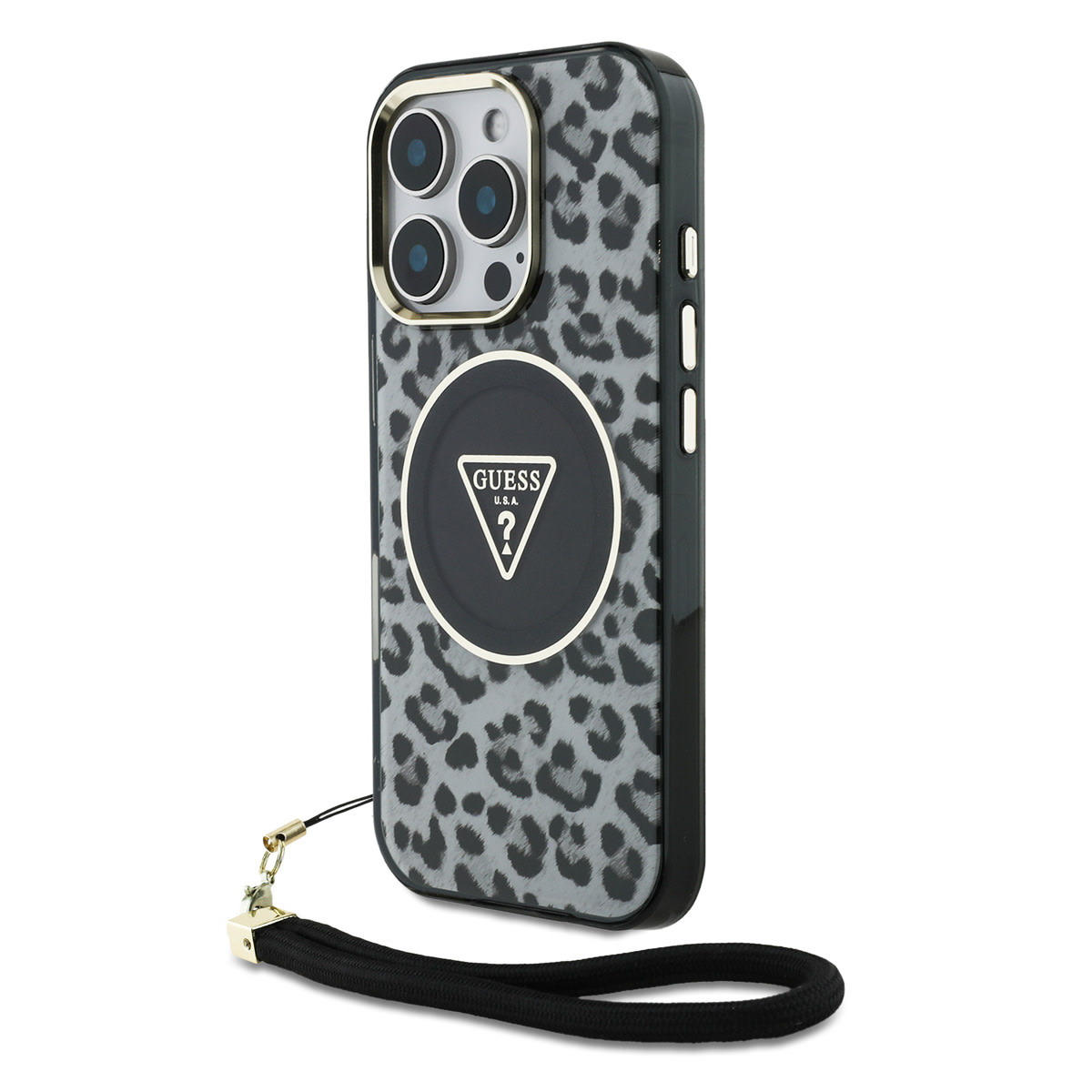 GUESS iPhone 16 Pro hoesje - Magsafe - Leopard print with Nylon strap - Zwart - productfoto