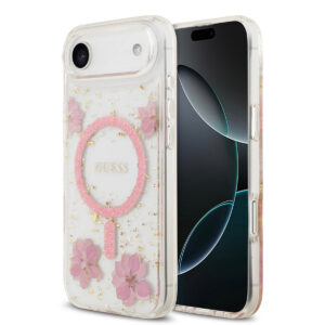 GUESS iPhone 17 Air hoesje - Magsafe - Resin Flowers Design - Roze - productfoto