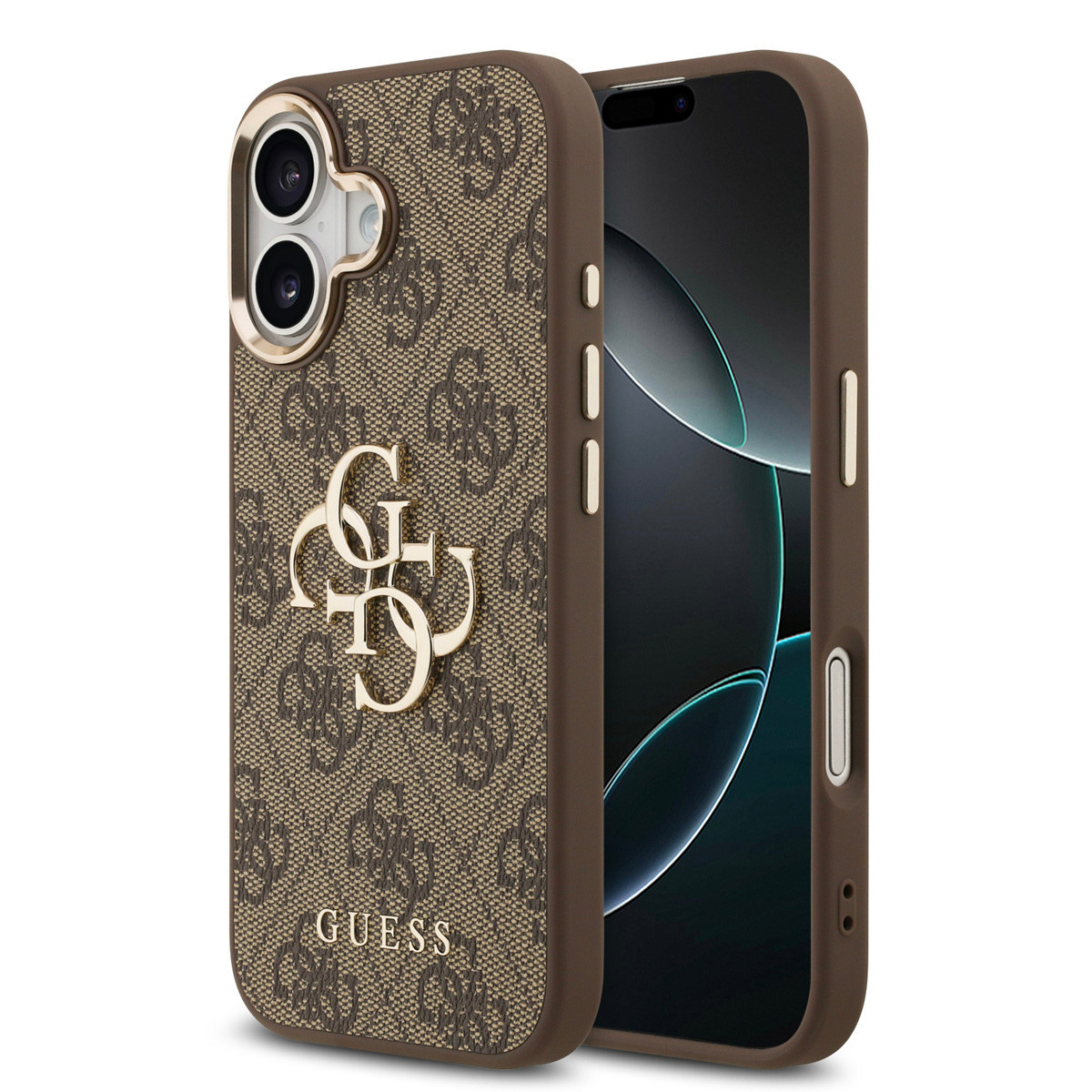 GUESS iPhone 17 hoesje - 4G - Big Metal Logo - Gold Edge - Bruin - productfoto