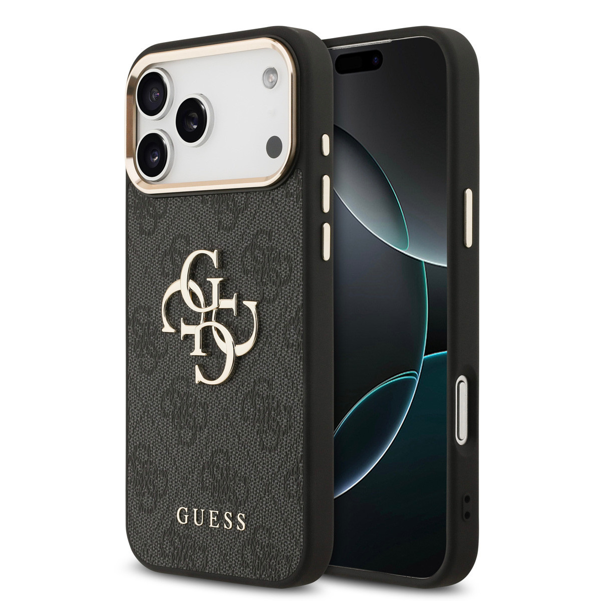 GUESS iPhone 17 Pro Max hoesje - 4G - Big Metal Logo - Gold Edge - Zwart - productfoto