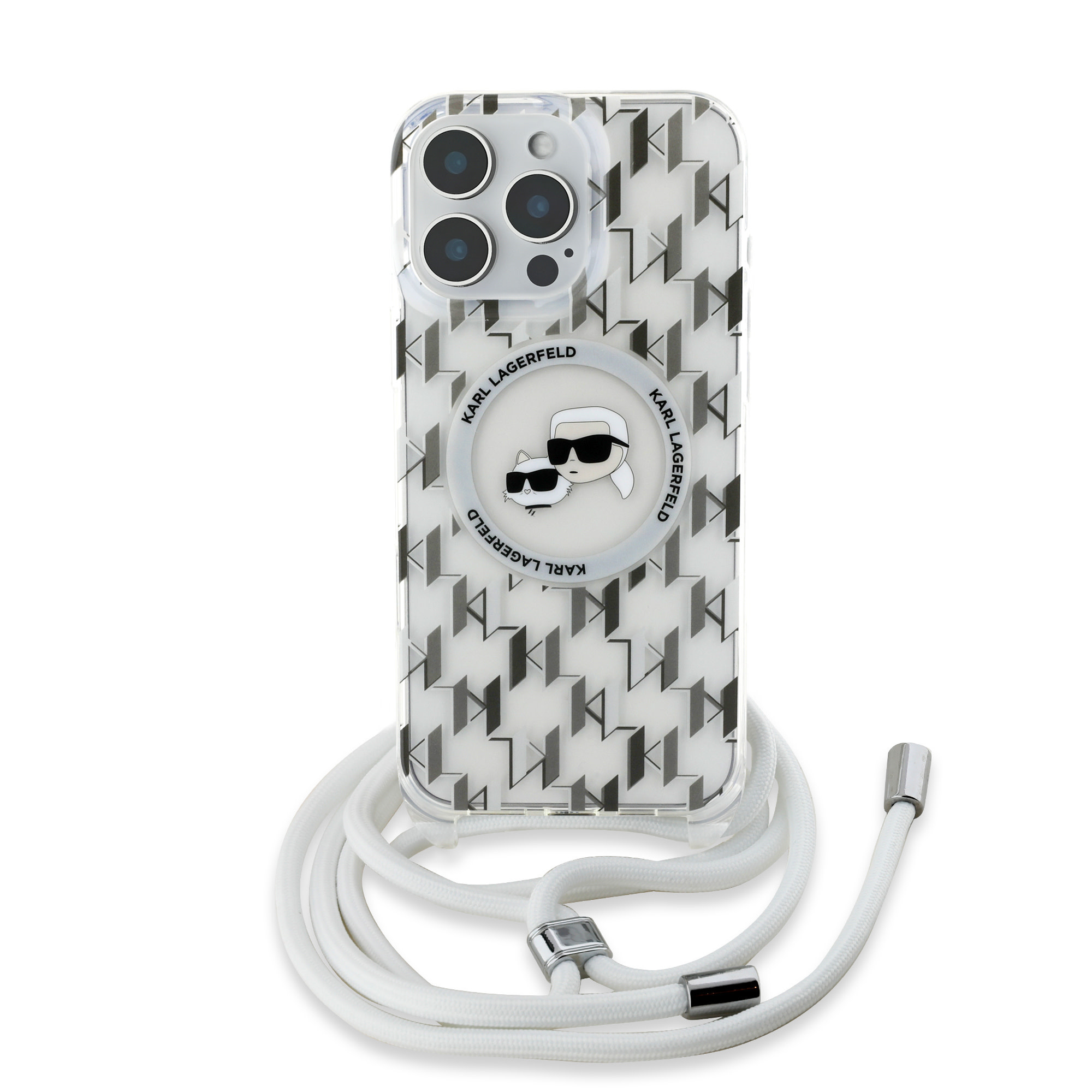 Karl Lagerfeld iPhone 16 Pro hoesje Magsafe IML KC heads - cord - Transparant - productfoto