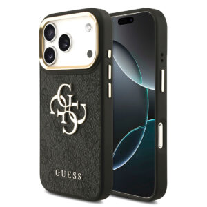 GUESS iPhone 17 Pro hoesje - 4G - Big Metal Logo - Gold Edge - Zwart - productfoto
