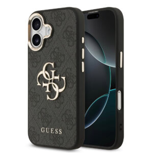 GUESS iPhone 17 hoesje - 4G - Big Metal Logo - Gold Edge - Zwart - productfoto