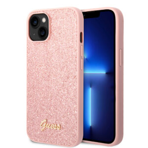 GUESS iPhone 14 Plus & 15 Plus hoesje - Fixed Glitter - Script Metal Logo - Roze - productfoto
