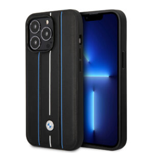 BMW iPhone 14 Pro hoesje - Leather Signature - Hot Stamp Lines Blue - Zwart - productfoto