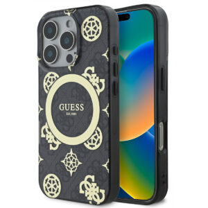 GUESS iPhone 16 Pro hoesje - Magsafe - Peony 4G - Zwart - productfoto
