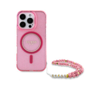 GUESS iPhone 16 Pro hoesje - Magsafe - Glitter - Pearl Strap - Roze - productfoto