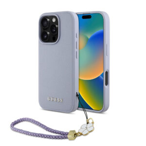 GUESS iPhone 16 Pro hoesje - Magsafe - Grained - Flower Charm Strap - Paars - productfoto
