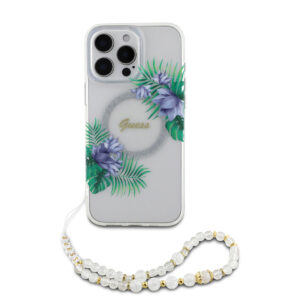 GUESS iPhone 16 Pro hoesje - Magsafe IML - Flower Wreath Design & Pearl Strap - Transparant - productfoto