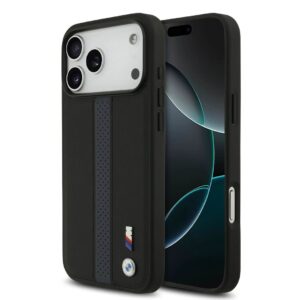 BMW iPhone 17 Pro Max hoesje - PU Case With Perforated Blue Stripes & Metal Logos - Zwart - productfoto