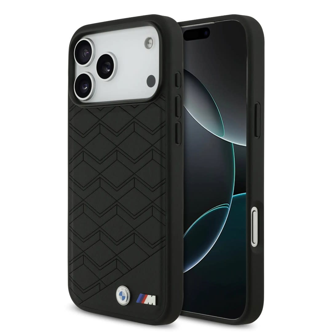 BMW iPhone 17 Pro Max hoesje - MagSafe - Seat Shaped Leather Case With Metal Logos - Zwart - productfoto