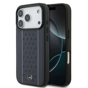 Mercedes-Benz iPhone 17 Pro hoesje - Genuine Leather - Magsafe - Star Pattern and White Stripes - Donkerblauw - productfoto