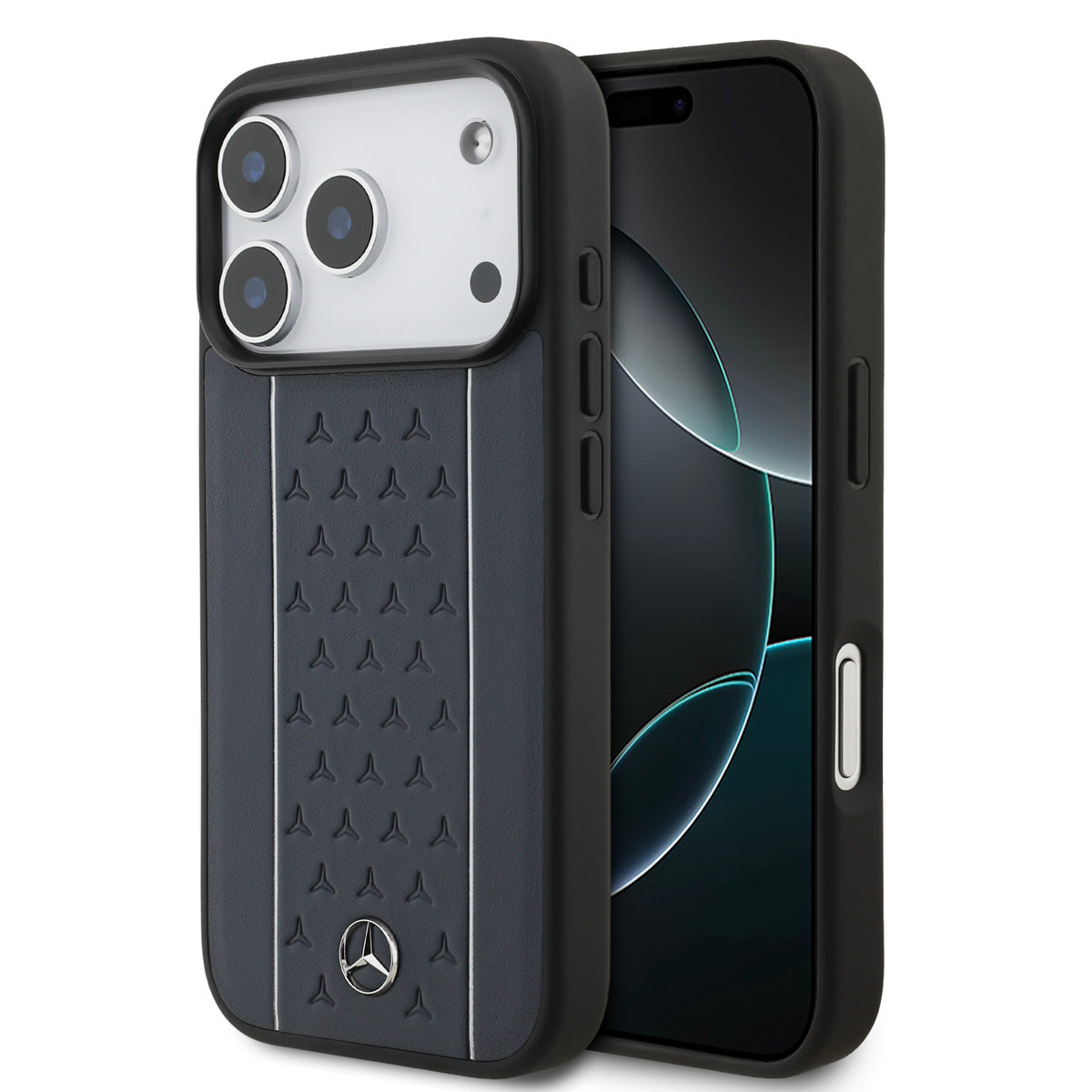 Mercedes-Benz iPhone 17 Pro hoesje - Genuine Leather - Magsafe - Star Pattern and White Stripes - Donkerblauw - productfoto