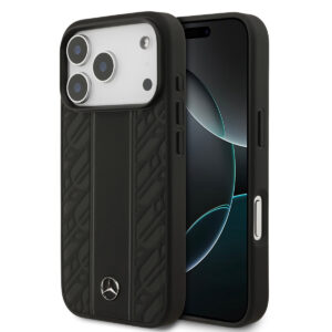 Mercedes-Benz iPhone 17 Pro hoesje - Genuine Leather - Magsafe - Laurel Leaves and Stripes - Zwart - productfoto