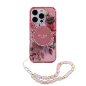 GUESS iPhone 16 Pro Max hoesje - Magsafe IML Flowers with pearl strap - Roze - productfoto