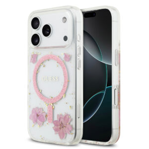 GUESS iPhone 17 Pro hoesje - Magsafe - Resin Flowers Design - Roze - productfoto