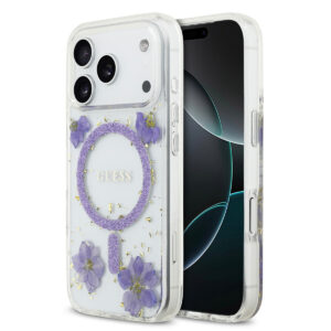GUESS iPhone 17 Pro hoesje - Magsafe - Resin Flowers Design - Paars - productfoto