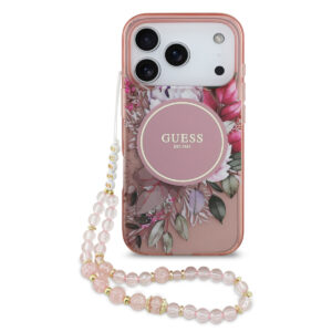 GUESS iPhone 17 Pro hoesje - Magsafe - IML Flowers with Pearl Strap - Roze - productfoto
