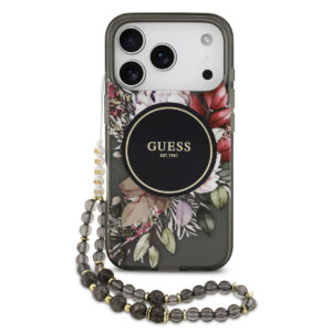 GUESS iPhone 17 Pro hoesje - Magsafe - IML Flowers with Pearl Strap - Zwart - productfoto