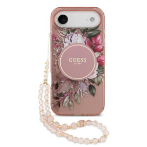 GUESS iPhone 17 Air hoesje - Magsafe - IML Flowers with Pearl Strap - Roze - productfoto