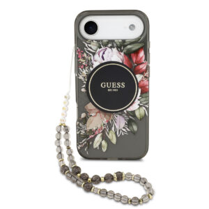GUESS iPhone 17 Air hoesje - Magsafe - IML Flowers with Pearl Strap - Zwart - productfoto