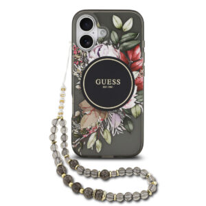 GUESS iPhone 17 hoesje - Magsafe - IML Flowers with Pearl Strap - Zwart - productfoto