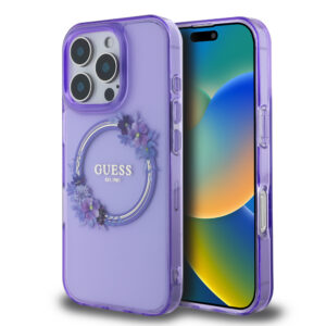 GUESS iPhone 16 Pro Max hoesje Magsafe IML flowers wreath - Paars - productfoto