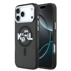 Karl Lagerfeld iPhone 17 Pro Max hoesje - Magsafe - Glitter K&C Sketch Logo - Zwart - productfoto