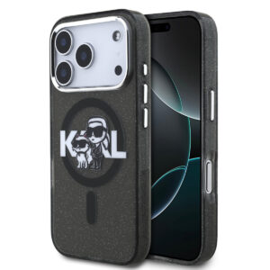 Karl Lagerfeld iPhone 17 Pro hoesje - Magsafe - Glitter K&C Sketch Logo - Zwart - productfoto
