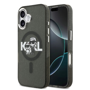 Karl Lagerfeld iPhone 17 hoesje - Magsafe - Glitter K&C Sketch Logo - Zwart - productfoto
