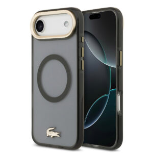 Lacoste iPhone 17 Air hoesje - MagSafe - Transparent Case With Frosted Finish - Gold Edge - Zwart - productfoto