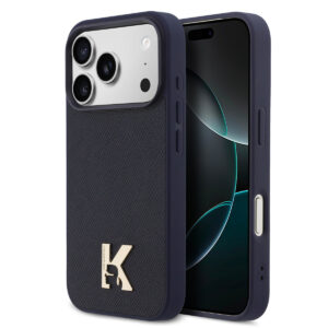 Karl Lagerfeld 17 Pro Max hoesje - MagSafe - Saffiano Leather - Metal K & Karl Logo - Donkerblauw - productfoto