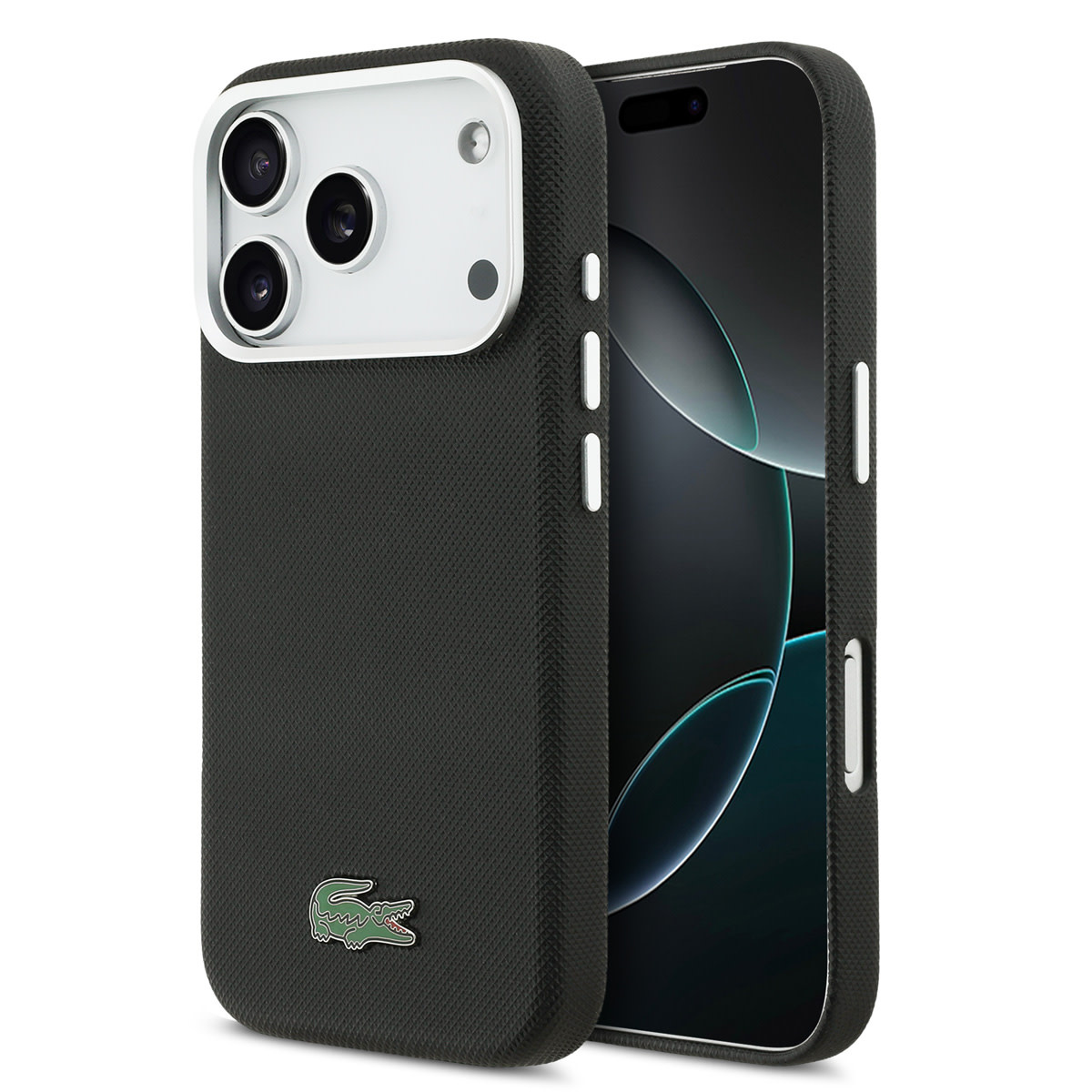 Lacoste 17 Pro hoesje - MagSafe - Metal Edges - Iconic Petit Pique Logo - Zwart - productfoto