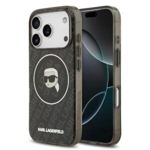 Karl Lagerfeld iPhone 17 Pro hoesje - MagSafe IML - Glitter & KL Repeated Case With Karl Head - Zwart - productfoto