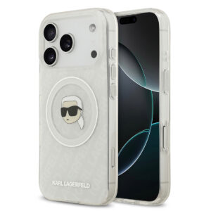 Karl Lagerfeld iPhone 17 Pro hoesje - MagSafe IML - Glitter & KL Repeated Case With Karl Head - Transparant - productfoto