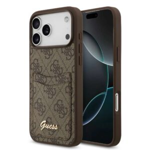 GUESS iPhone 17 Pro hoesje - With Cardslot - Script Metal Logo - Bruin - productfoto