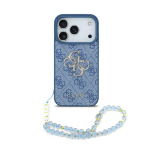 GUESS iPhone 17 Pro hoesje - 4G With Pearl Strap - Big Metal Logo - Blauw - productfoto