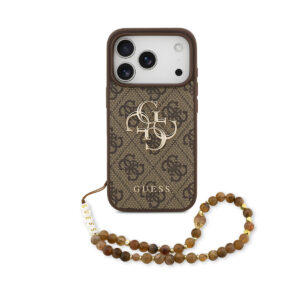 GUESS iPhone 17 Pro hoesje - 4G With Pearl Strap - Big Metal Logo - Bruin - productfoto