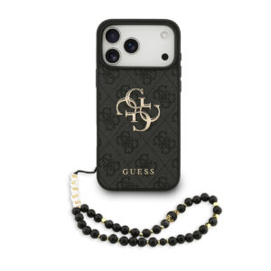 GUESS iPhone 17 Pro Max hoesje - 4G With Pearl Strap - Big Metal Logo - Zwart - productfoto