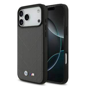BMW iPhone 17 Pro Max hoesje - MagSafe - Quilted Leather Case With Metal Logo - Grijs - productfoto