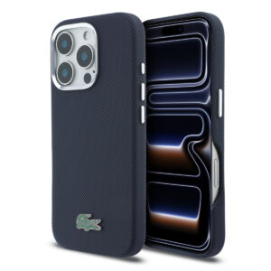 Lacoste iPhone 16 Pro Max hoesje - MagSafe - Metal Edges - Iconic Petit Pique Logo - Donkerblauw - productfoto