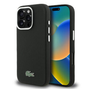 Lacoste iPhone 16 Pro Max hoesje - MagSafe - Metal Edges - Iconic Petit Pique Logo - Zwart - productfoto