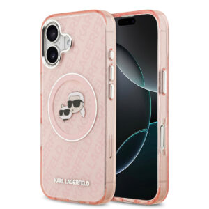 Karl Lagerfeld iPhone 17 hoesje - MagSafe - IML Glitter K&C Heads Logo - Roze - productfoto