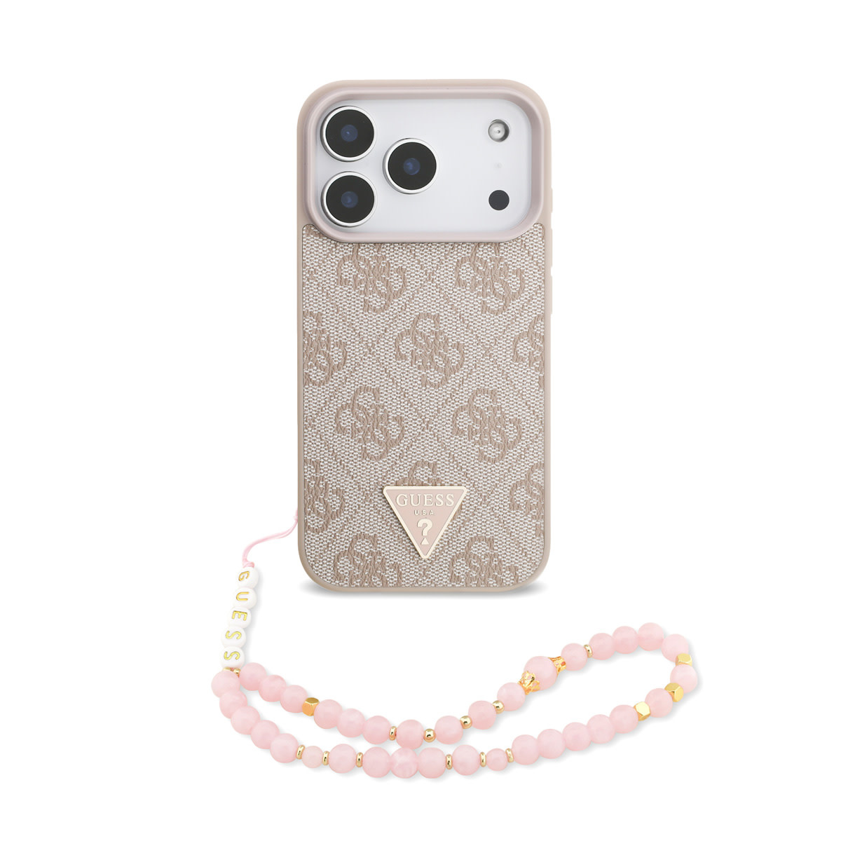 GUESS iPhone 17 Pro hoesje - MagSafe - 4G Triangle Logo - Pearl Strap - Roze - productfoto