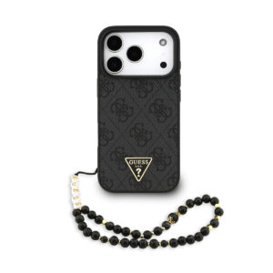 GUESS iPhone 17 Pro hoesje - MagSafe - 4G Triangle Logo - Pearl Strap - Zwart - productfoto