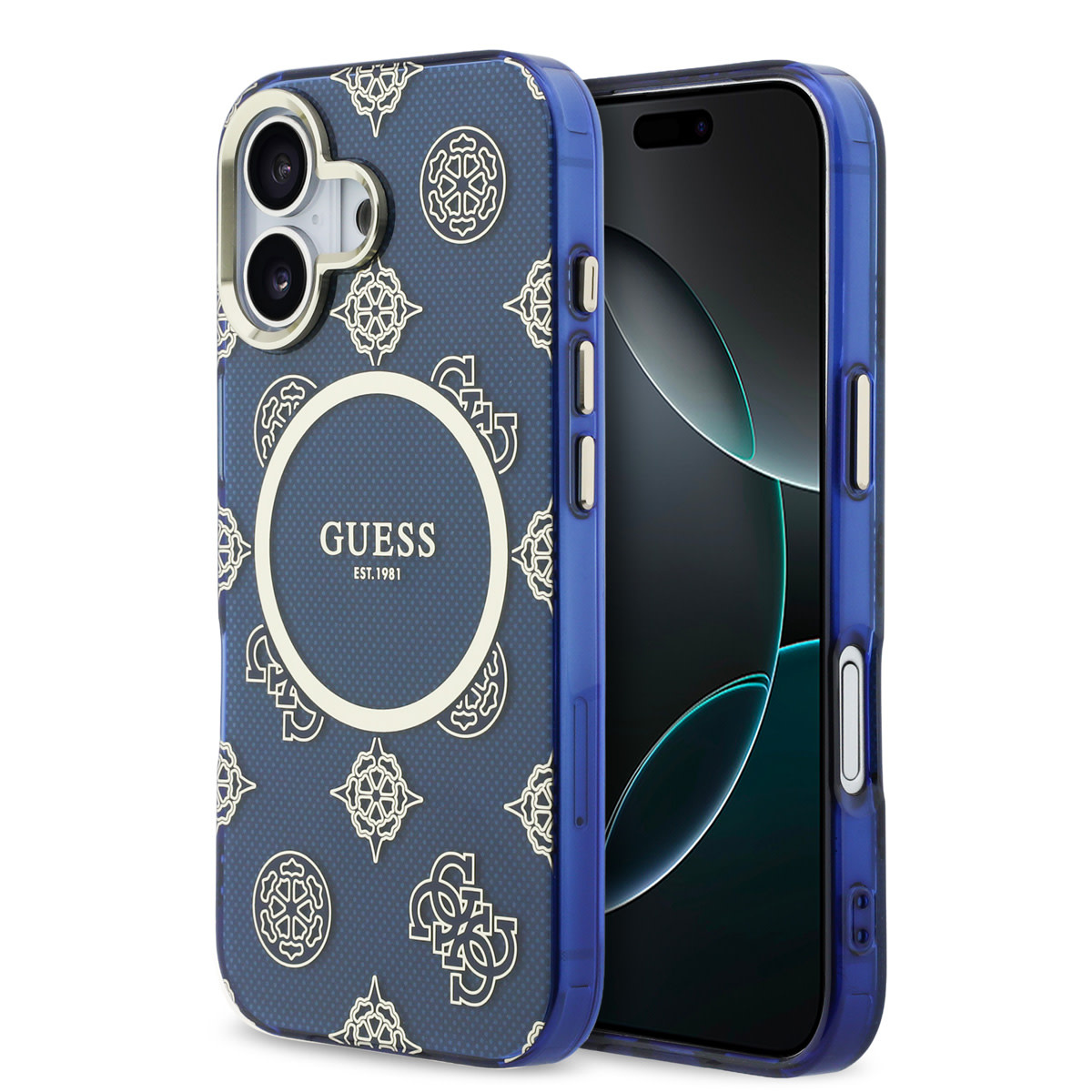 GUESS iPhone 17 hoesje - Magsafe - IML Peony Hot Stamp Design - Blauw - productfoto