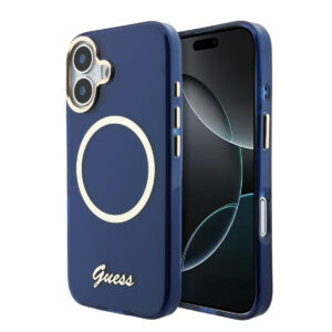 GUESS iPhone 17 hoesje - Magsafe - Metal Logo - Gold Edge - Blauw - productfoto
