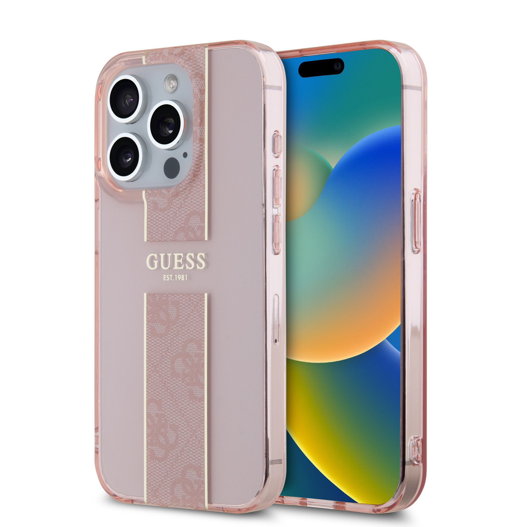 GUESS iPhone 15 Pro hoesje IML 4G Stripe - Roze - productfoto